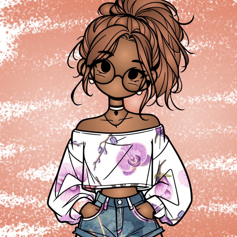 girl with a messy ponytail glasses a baggy crop top and jean shorts