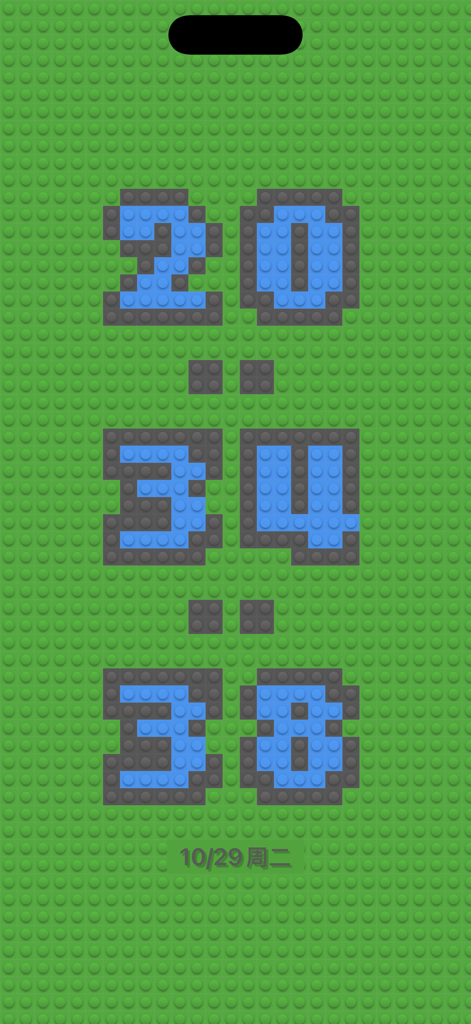 TickClock-Widget flipclock - Digital clock interface with a green building block baseplate background and blue pixelated numbers.