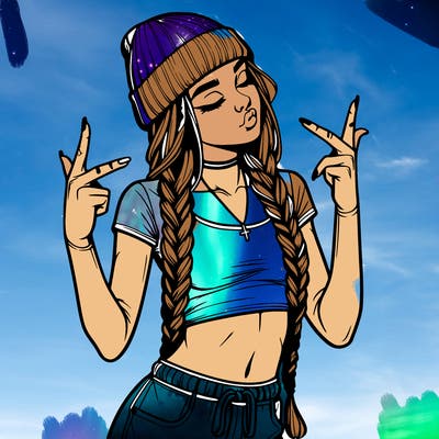 realistic teenage girl with braids and a beanie and crop top doing 🫶🏼