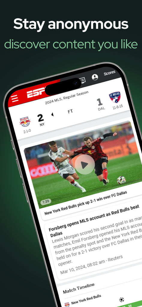 Private VPN - Web Protection - スポーツニュースウェブサイトを表示するモバイルアプリ画面。コンテンツの閲覧中に匿名性を維持することについての見出しがあります。