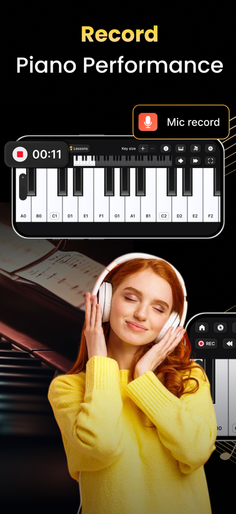 Piano Keyboard: Learn Piano - 携帯電話でピアノの録音を聴いているヘッドホンの女性