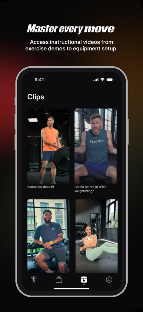 La interfaz de la aplicación Peloton Strength plus muestra clips de video instructivos de ejercicios y demostraciones de fitness