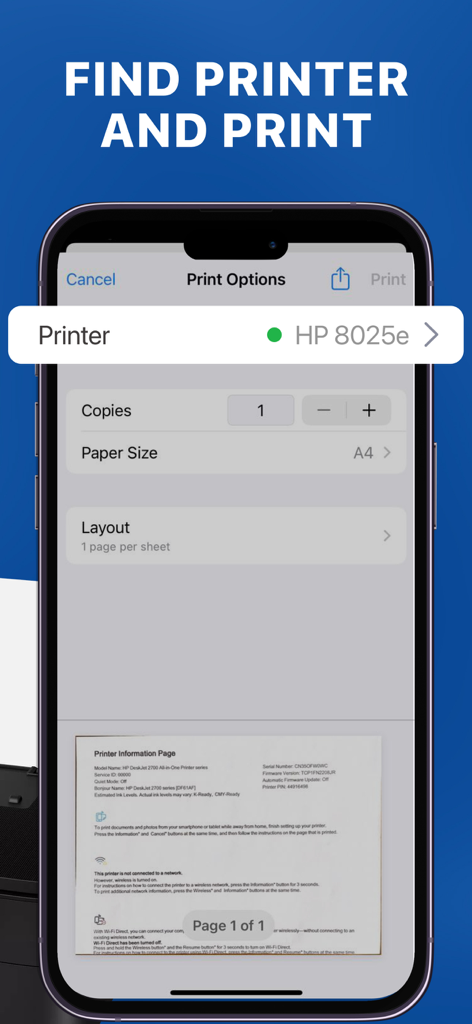 Pantalla de la aplicación Air Printer que muestra la selección de impresora inalámbrica y la configuración de impresión en el iPhone