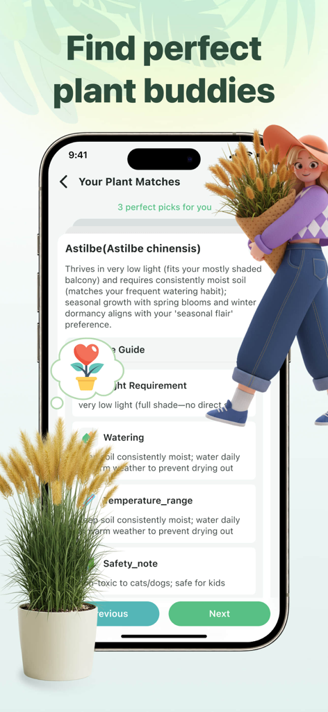 PlantGuide - ID & Diagnose - PlantGuideアプリの画面に、パーソナライズされた植物のマッチングと、アスティルベ植物の詳細なケア手順が表示されています