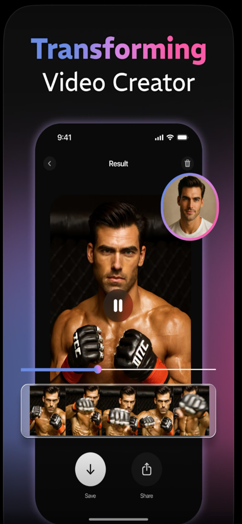 Vivideo.ai: AI Video Generator - AI video generator app interface showing a photo being transformed into a cinematic video of a boxer