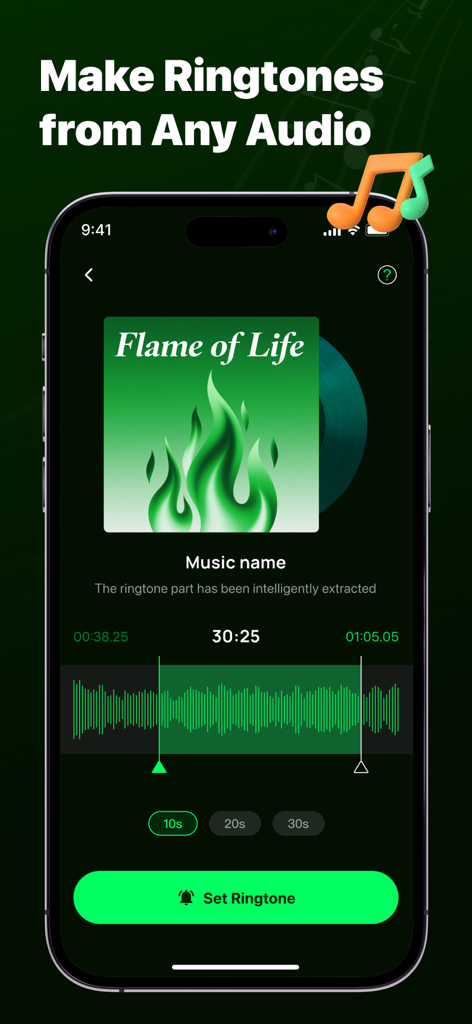 AI Ringtones：Ringtone Maker - Interface do aplicativo AI Ringtones mostrando edição de forma de onda de áudio e recursos de extração de toque