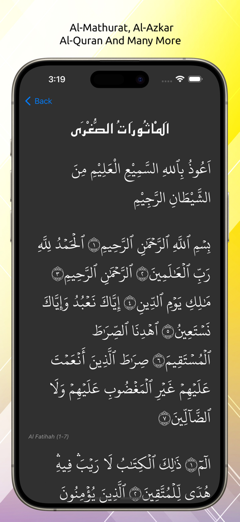iPhone screen showing Arabic Quranic text and Al-Fatihah in the iman Pro app