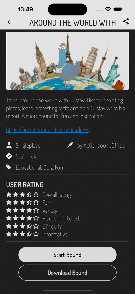 Actionbound - Actionbound app screen showing details and ratings for the Around the World with Gustav scavenger hunt.