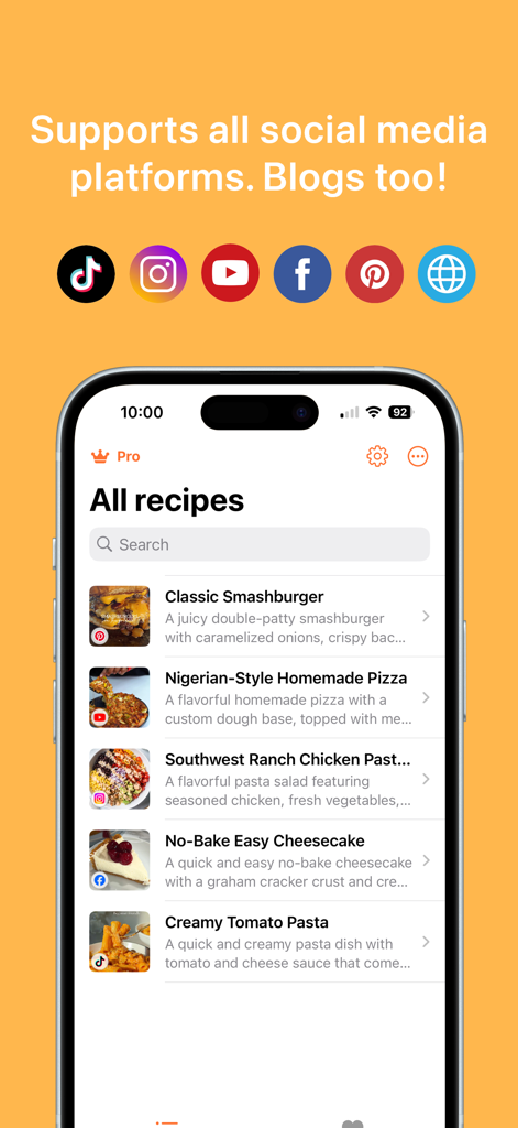 Cookmarks: Recipe Manager - Screenshot of the Cookmarks app showing a list of recipes saved from TikTok, Instagram, and other social media platforms.