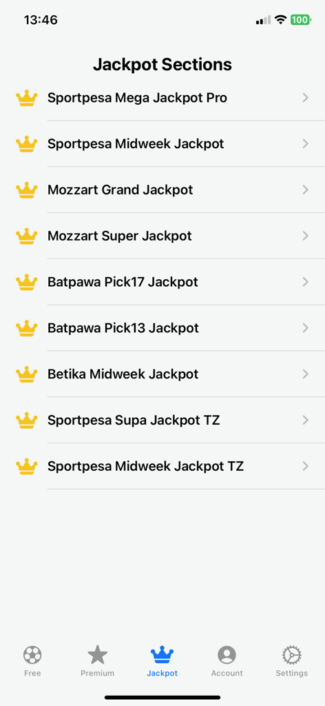 A list of global soccer jackpot analysis sections within the Soccer Platform mobile application