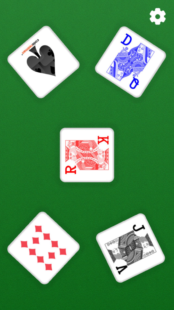 Just Dice - Just Dice app screen showing five dice with playing card faces on a green felt background.