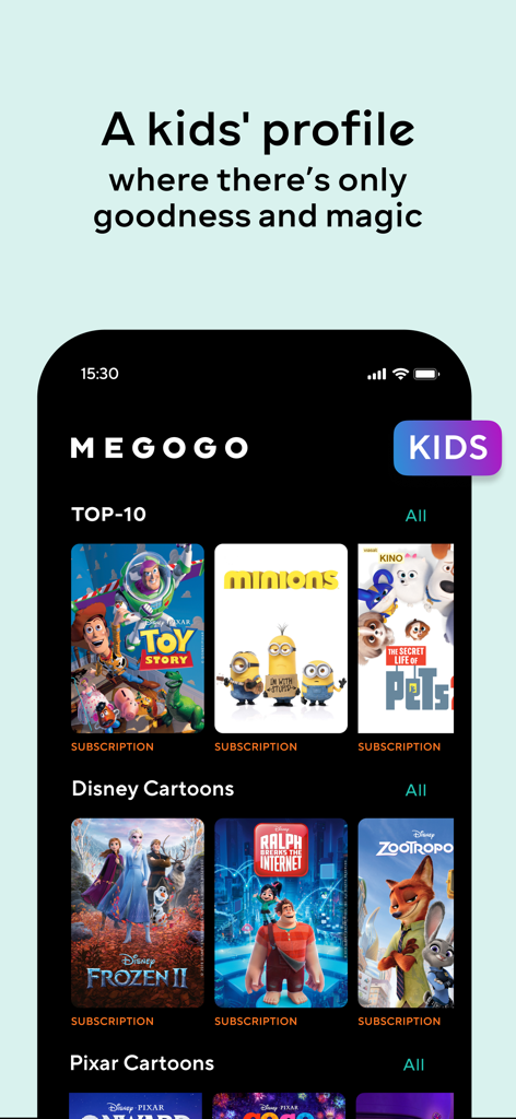 MEGOGO: TV, Movies, Audiobooks - MEGOGOアプリの子供向けプロフィールのインターフェイス。ディズニーとピクサーのアニメ映画が表示されています。
