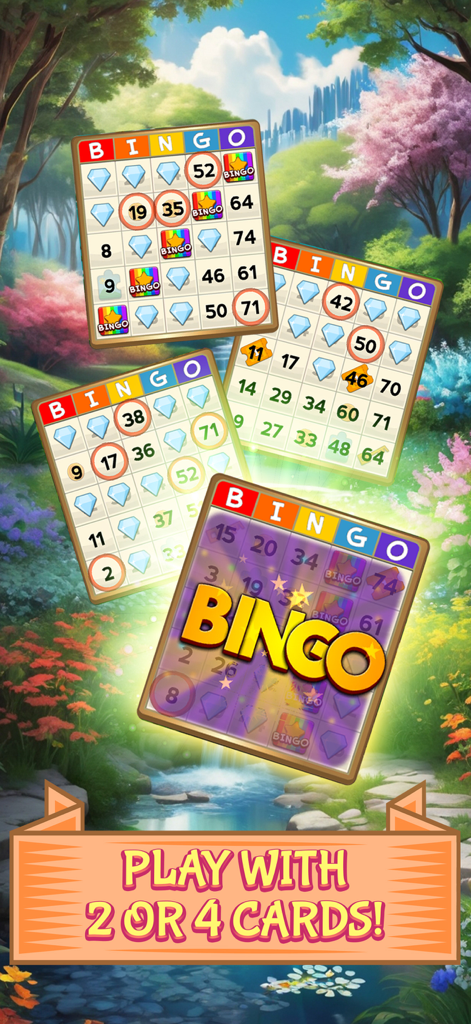 Bingo game Quest Summer Garden - Bingo Quest Summer Garden game interface showing multiple bingo cards over a scenic garden background with the text play with 2 or 4 cards