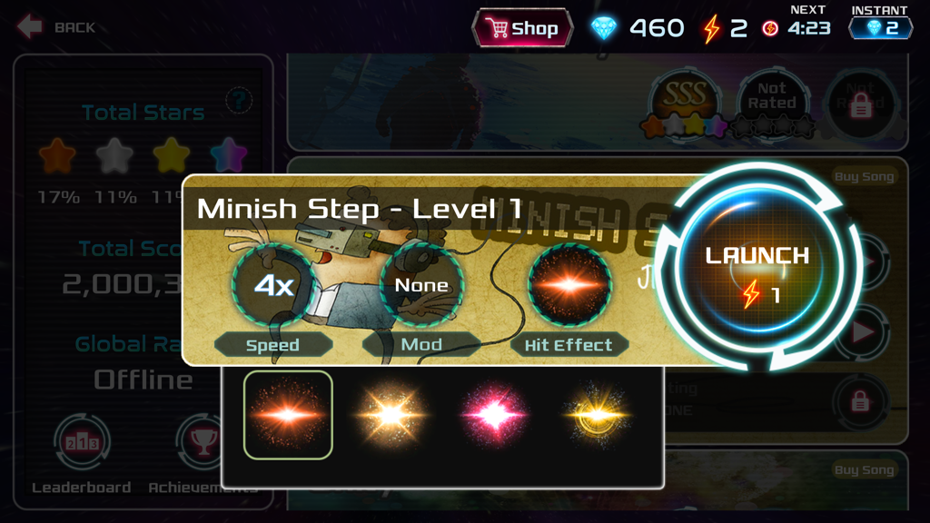 Infinity Beats Song Edition - 인피니티 비트 송 에디션 사용자 정의 화면에서 노래 선택 및 히트 효과 옵션을 보여줍니다.