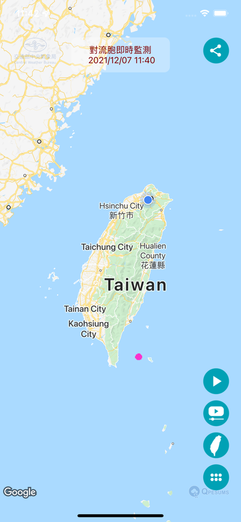 Map of Taiwan displaying real-time weather and convection cell data