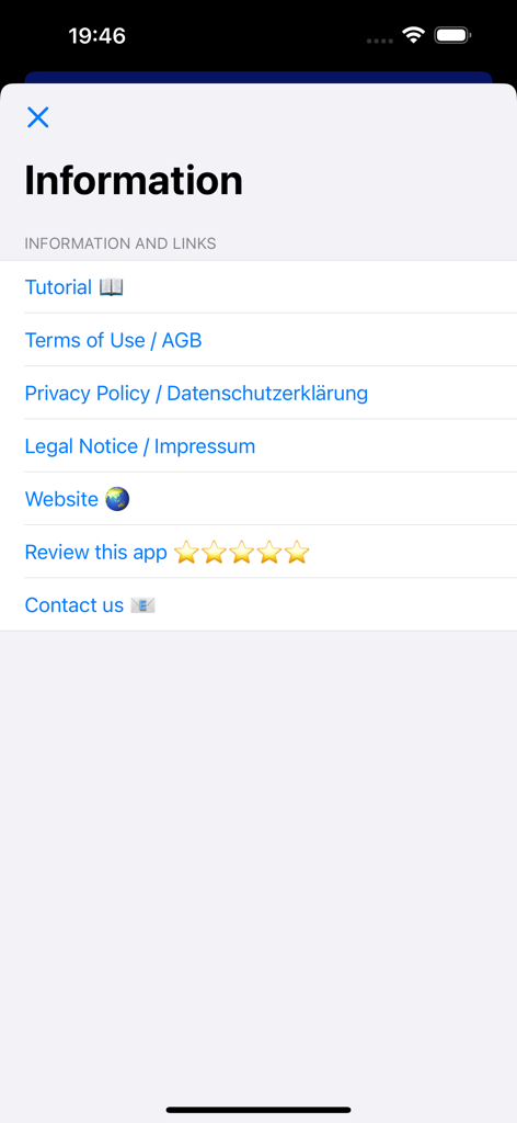VibeTimer - Vibration Timer - Menú de información de la aplicación VibeTimer con enlaces a tutorial, términos y política de privacidad.