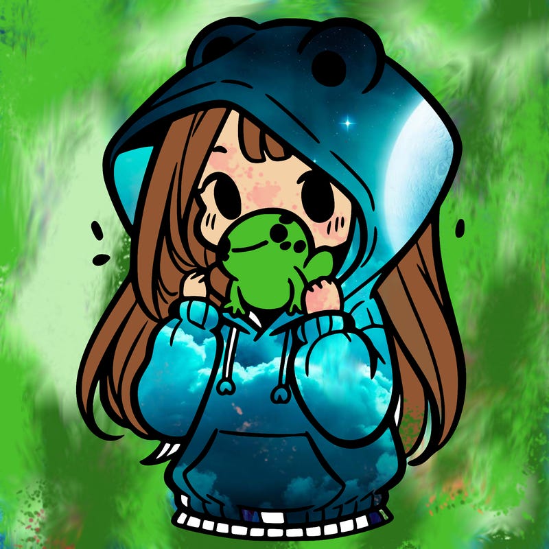 a girl holding a froggy hoodie