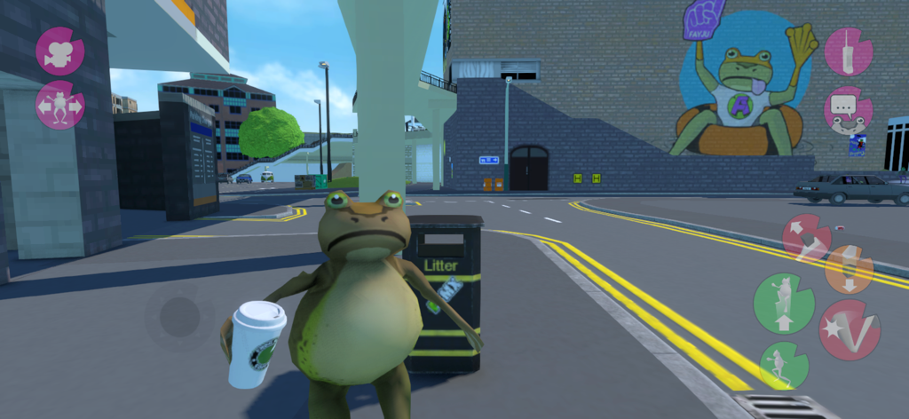 Amazing Frog? - A funny frog holding a coffee cup in a sandbox city environment.