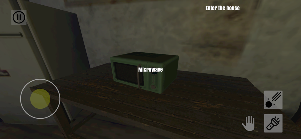 Escape Room : Keep Awake - First person gameplay of a microwave on a wooden table in the psychological horror game Escape Room Keep Awake