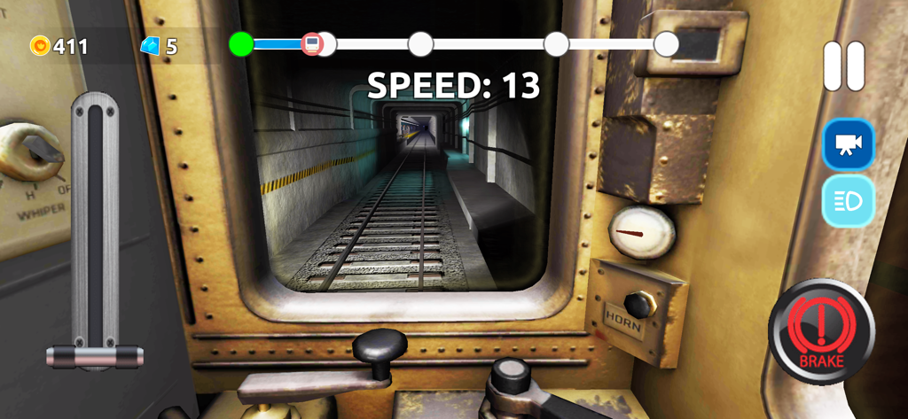 계기판 제어 장치가 있는 터널을 통과하는 지하철 열차 운전의 1인칭 조종석 시점