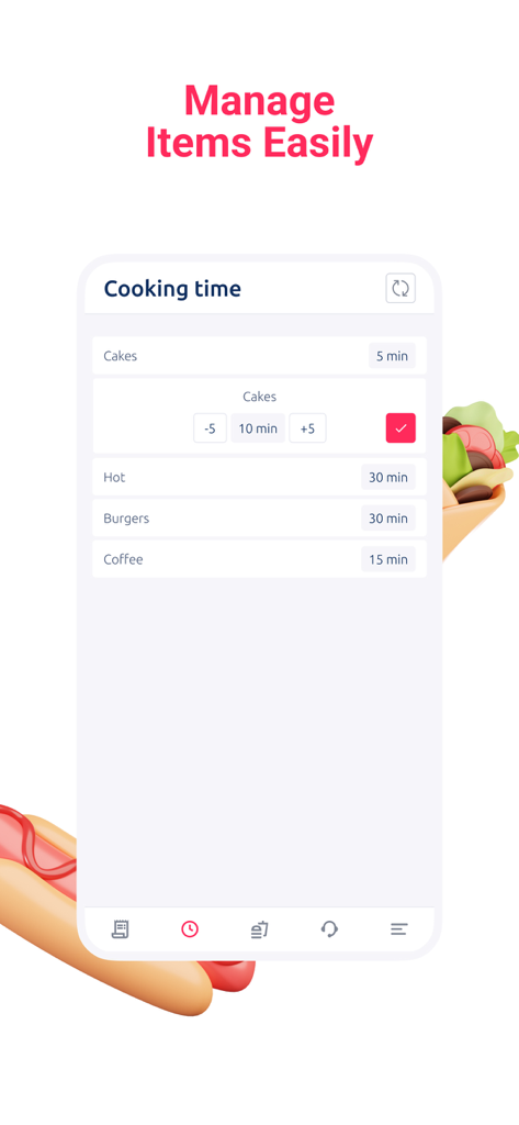 Screenshot dell'app Bereka Merchant che mostra l'interfaccia di gestione del tempo di cottura per articoli di menu come torte e hamburger