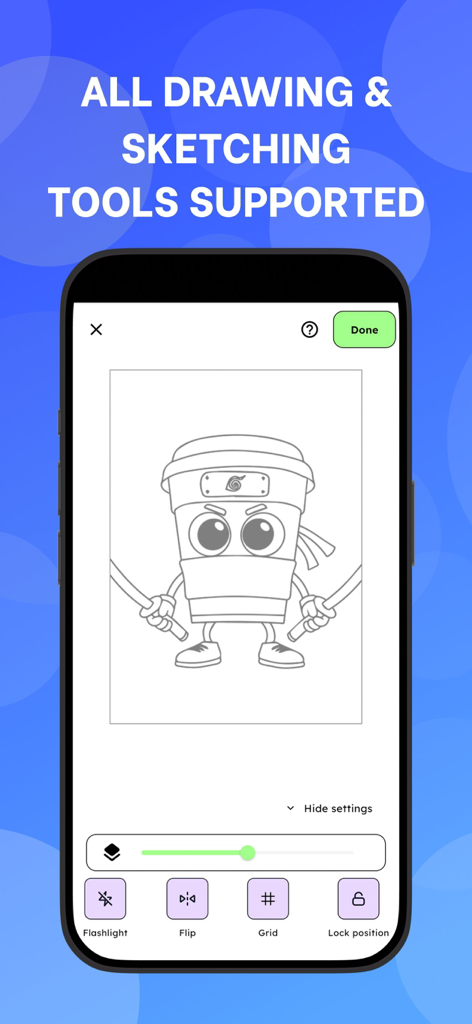 iArt: AR Sketch & Drawing - Interface of iArt app showing an AR sketch of a ninja coffee cup with drawing tools and settings