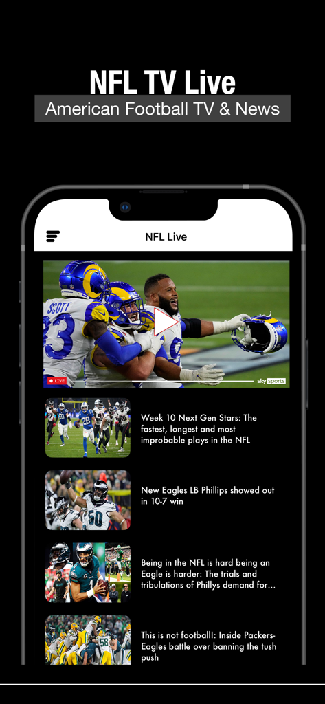 Un smartphone affichant le flux d'actualités de l'application NFL TV Live et des moments forts de vidéos de football.