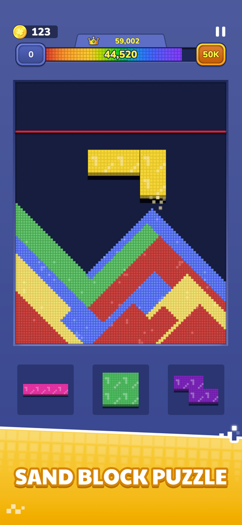 Sand Block Color Escape Puzzle - Interface de jogo móvel mostrando blocos se dissolvendo em montes de areia colorida e fluida.