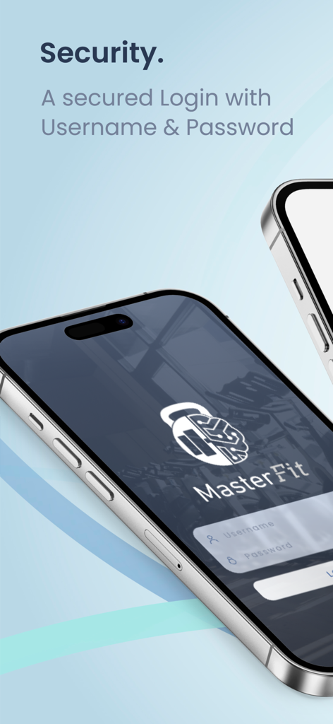 MasterFit - MasterFit app login screen featuring username and password fields for secure gym member access