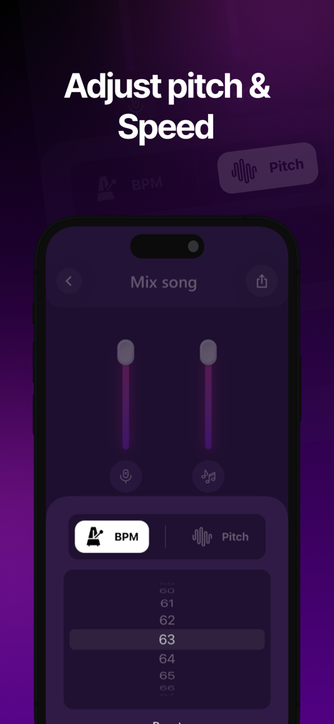 Vocal Remover: Music Separator - Mobile app interface for adjusting song pitch and BPM speed in Vocal Remover