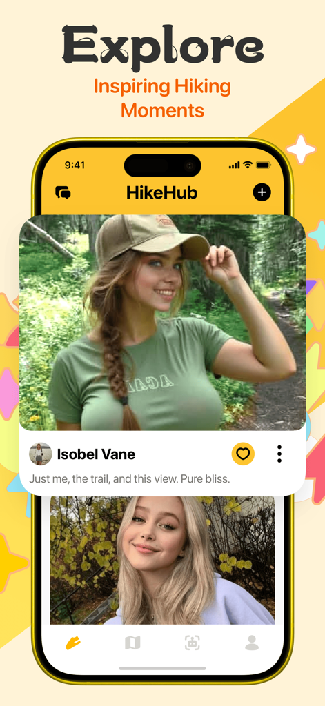 Plurn app HikeHub social feed featuring photos and stories from hikers