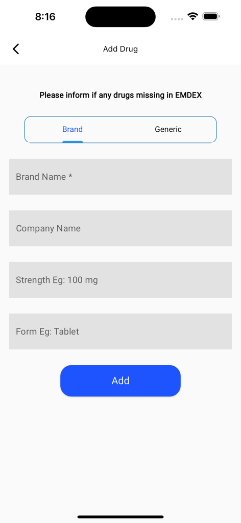 EMDEX Reference - EMDEX Referenceアプリのインターフェース。ブランド名または一般名で欠落している医薬品を追加するためのフォームが表示されます。