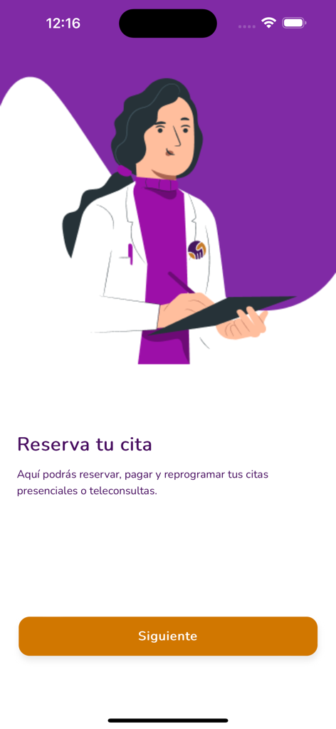 Écran d'intégration de l'application du portail patient San Pablo montrant une illustration de médecin et du texte pour la prise de rendez-vous médicaux