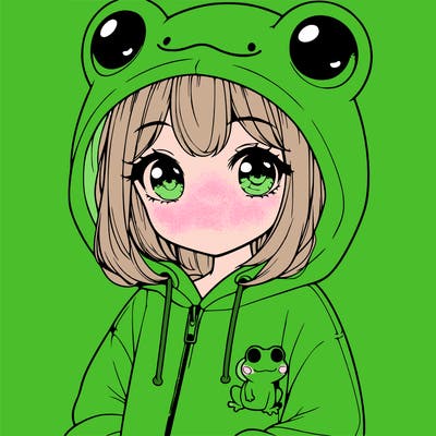 cute realistic girl in a froggy hoodie