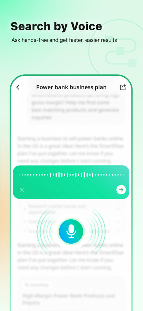 Accio - Alibaba AI Agent - Interfaz de la aplicación móvil Accio Alibaba AI Agent que demuestra la búsqueda por voz para la planificación empresarial.