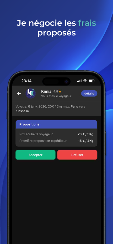 Kimia Lite - A mobile interface from Kimia Lite showing a negotiation between a traveler and a sender for delivery fees from Paris to Kinshasa.
