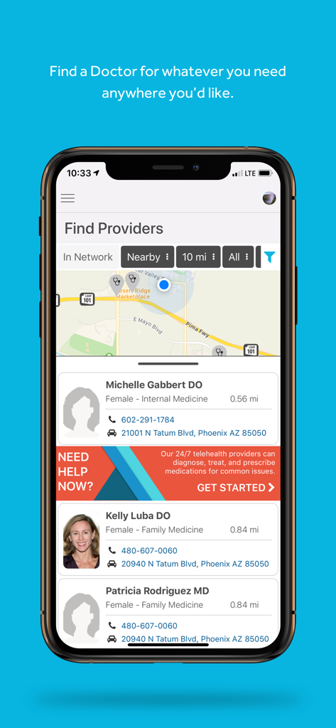 HY - Una interfaz móvil de la aplicación HY que muestra un mapa y una lista de proveedores médicos y doctores cercanos.