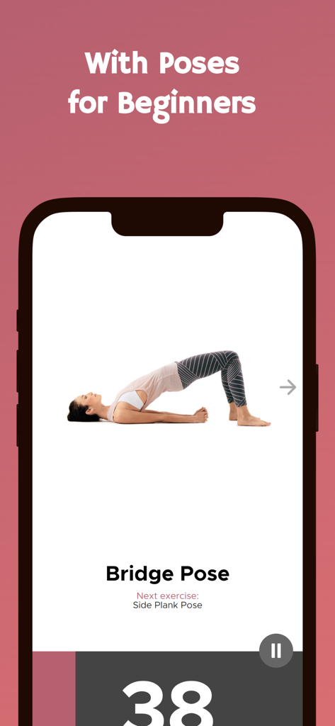 Bridge pose demonstration in a yoga workout app for beginners.