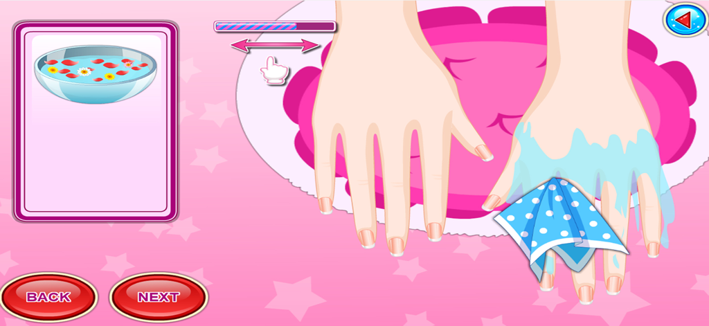 My Fashion Nail Salon Game - 青い水玉模様のタオルで手元が清潔され乾かされている様子を示すマニキュアゲームのシーン