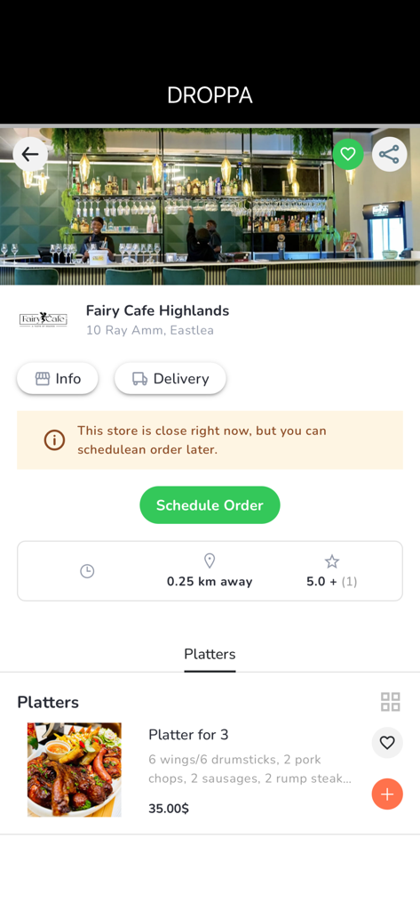 DROPPA - Delivery & TakeAway - Interface of the DROPPA app showing the Fairy Cafe Highlands menu with a schedule order button