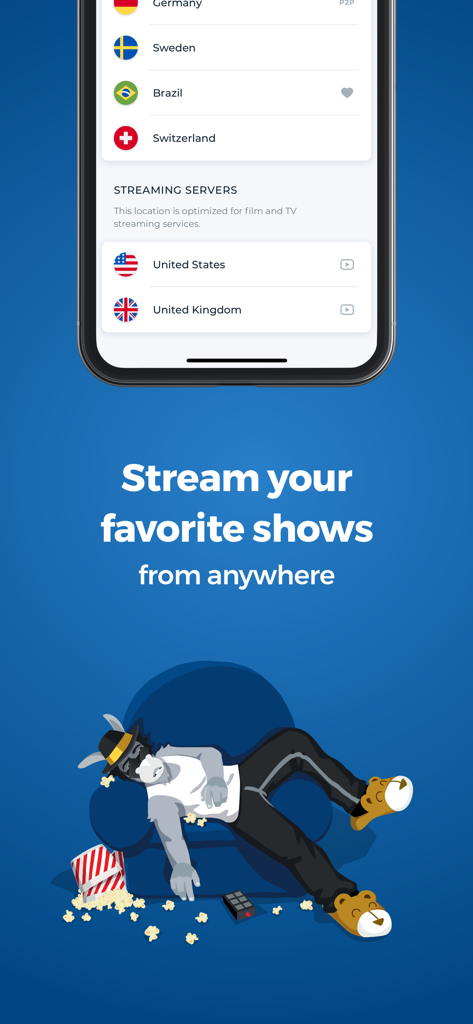 HMA Hotspot VPN & Proxy - HMA VPN app showing streaming optimized servers for US and UK with mascot