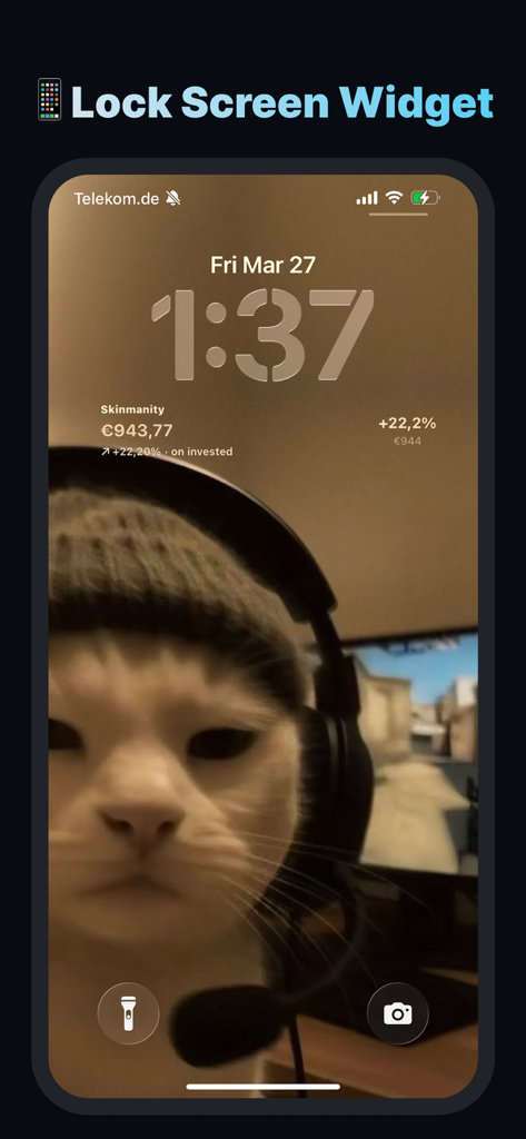 An iPhone lock screen showing the Skinmanity widget with a CS2 inventory value and profit percentage over a background of a cat wearing a headset.