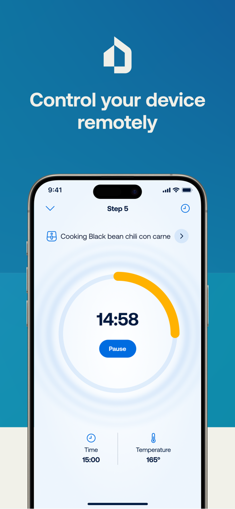 HomeID (Kitchen+) - Schermata dello smartphone che mostra l'interfaccia dell'app HomeID per il controllo remoto di un elettrodomestico da cucina con timer e monitor della temperatura