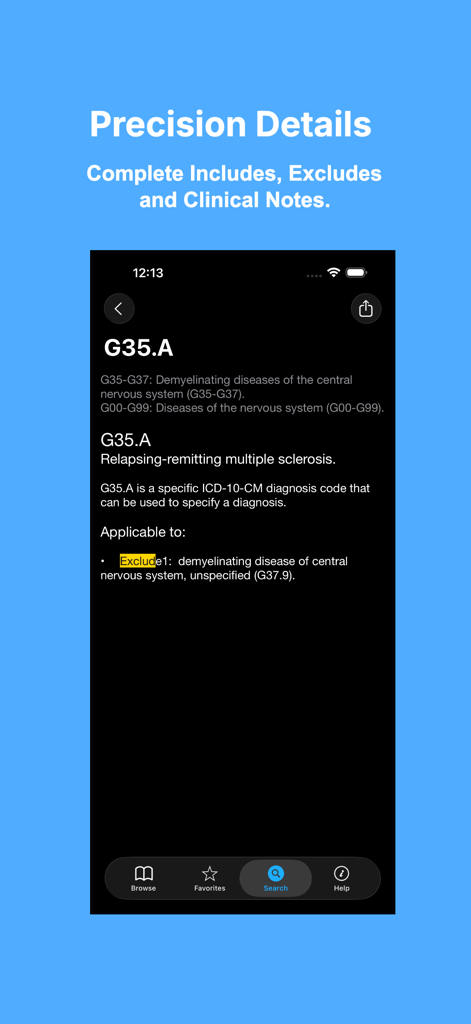 ICD-10-CM 2026: Medical Codes - Mobile screen showing detailed clinical notes and excludes for ICD-10-CM diagnosis code G35.A