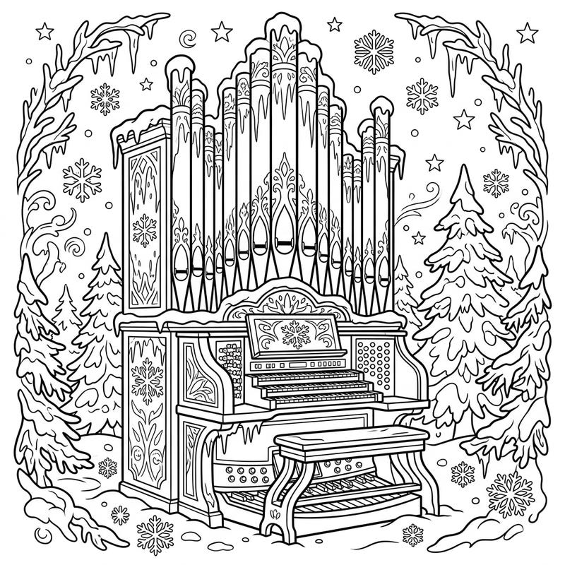 Dive into a magical winter scene with this charming pipe organ coloring page, specially designed for kids aged 4-8. Explore a snowy wonderland filled with festive details, perfect for sparking creativity.