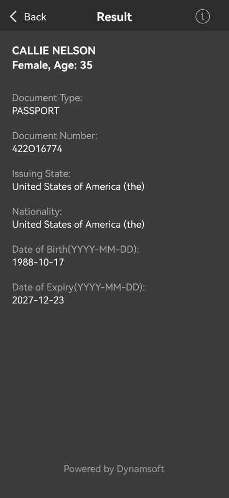 Dynamsoft MRZ Scanner - Result screen of Dynamsoft MRZ Scanner app displaying extracted passport information including name, document number, and nationality.
