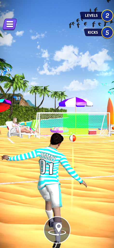 World Soccer Rematch League - 화창한 열대 해변에서 골을 노리는 축구 선수