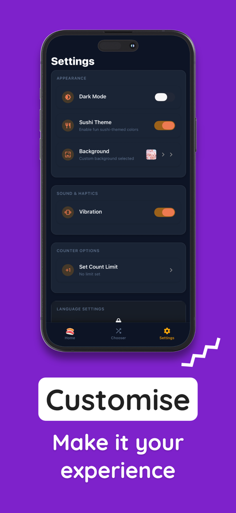 Sushi Counter - Settings screen of Sushi Counter app showing appearance and theme customization options