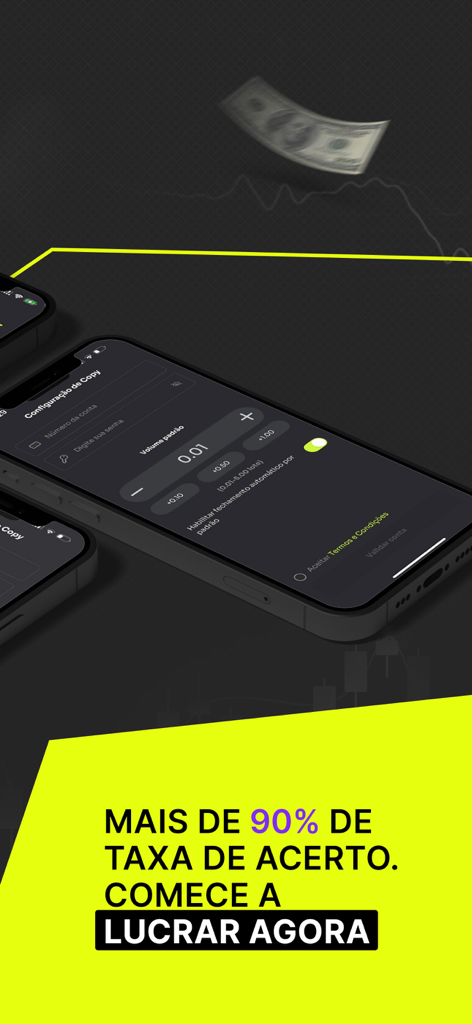 App Arena - Interfaz de la aplicación de trading App Arena mostrando la configuración de copia y un banner de tasa de éxito