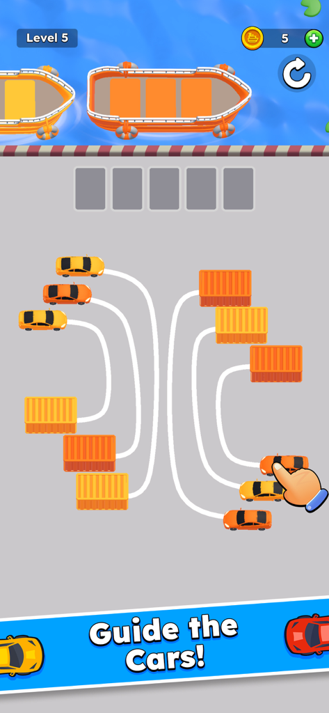 A screenshot of Drive Quest mobile game showing orange cars being sorted from containers into matching boats